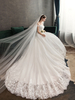 Brautkleider Prinzessin Prinzessin Brautkleider Kurzarm und Carmenausschnitt milchweiß / elfenbeinweiß Satingewebe und Domkirchen-schleppe