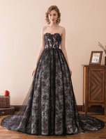 Brautkleider Prinzessin Prinzessin Brautkleider ärmellos Hochzeit trägerlos Trägerlose Brautkleider Schwarz Spitze mit Court-Schleppe und Schnürung