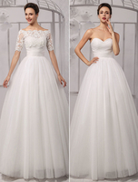 Brautkleider Prinzessin Prom- Brautkleider 1/2 Ärmel Hochzeit mit Carmenausschnitt Brautkleider große Größen Elfenbeinfarbe Tüll bodenlang