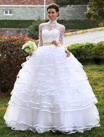 Brautkleider Prinzessin Prom- Brautkleider Langarm Hochzeit Halskragen Brautkleider große Größen Weiß Tüll bodenlang mit Reißverschluss