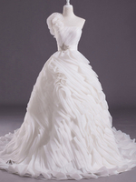 Brautkleider Prinzessin Prom- Brautkleider ärmellos Hochzeit Einschulter Ball Brautkleider Weiß Organza mit Court-Schleppe und Schnürung
