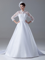 Brautkleider Prinzessin Weiß Halskragen Brautkleider Hochzeit Satingewebe mit Court-Schleppe 3/4 Ärmel und Reißverschluss Prom-