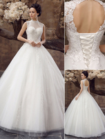 Brautkleider Prinzessin Weiß Halskragen Brautkleider Hochzeit Tüll Brautkleider große Größen bodenlang mit Schnürung Prom- natürliche Taillenlinie