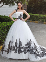 Brautkleider Prinzessin Weiß Herz-Ausschnitt Brautkleider Tüll mit Kapelle-Schleppe ärmellos und Reißverschluss A-Linie- im Einschulter-Style