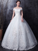 Brautkleider Prinzessin Weiß mit Bateau-Kragen Brautkleider Hochzeit Tüll bodenlang Kurzarm und Schnürung A-Linie- und Schulterfrei