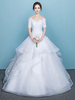 Brautkleider Prinzessin Weiß mit Bateau-Kragen Brautkleider Hochzeit Tüll bodenlang Kurzarm und Schnürung Prinzessin und Schulterfrei