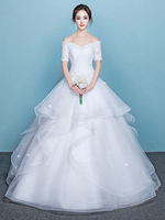 Brautkleider Prinzessin Weiß mit Bateau-Kragen Brautkleider Hochzeit Tüll bodenlang Kurzarm und Schnürung Prinzessin und Schulterfrei
