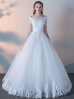 Brautkleider Prinzessin Weiß mit Bateau-Kragen Brautkleider Hochzeit Tüll bodenlang Kurzarm und Schnürung Prinzessin und Schulterfrei