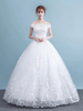 Brautkleider Prinzessin Weiß mit Bateau-Kragen Brautkleider Hochzeit Tüll bodenlang Kurzarm und Schnürung Prinzessin und Schulterfrei