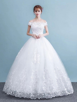 Brautkleider Prinzessin Weiß mit Bateau-Kragen Brautkleider Hochzeit Tüll bodenlang Kurzarm und Schnürung Prinzessin und Schulterfrei