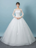 Brautkleider Prinzessin Weiß mit Bateau-Kragen Brautkleider Tüll bodenlang 3/4 Ärmel und Schnürung Prinzessin und Schulterfrei