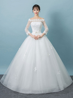 Brautkleider Prinzessin Weiß mit Bateau-Kragen Brautkleider Tüll bodenlang 3/4 Ärmel und Schnürung Prinzessin und Schulterfrei