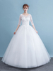 Brautkleider Prinzessin Weiß mit Rundkragen Brautkleider Hochzeit Tüll Brautkleider große Größen bodenlang 1/2 Ärmel und Schnürung Prinzessin