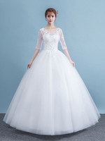 Brautkleider Prinzessin Weiß mit Rundkragen Brautkleider Hochzeit Tüll Brautkleider große Größen bodenlang 1/2 Ärmel und Schnürung Prinzessin