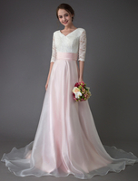 Brautkleider Rosa V-Ausschnitt; halbe Hülse plissiert eine Linie Brautkleid mit Schleppe