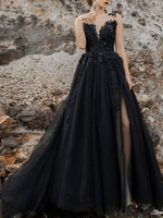 Brautkleider Schwarz Spitze Herz-Ausschnitt ärmellos Schwarz Vintage Brautkleid