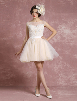 Brautkleider Vintage A-Linie- Elfenbeinfarbe Illusion Ausschnitt Tüll ärmellos Mini-Kleid Hochzeit natürliche Taillenlinie mit Reißverschluss