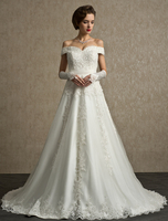 Brautkleider Vintage A-Linie- Elfenbeinfarbe mit Carmenausschnitt Tüll ärmellos und Court-Schleppe Hochzeit natürliche Taillenlinie