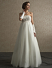 Brautkleider Vintage A-Linie- Elfenbeinfarbe trägerlos Tüll ärmellos mit abnehmbarer Schleppe Hochzeit und hoher Taillenlinie trägerlos