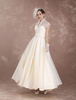 Brautkleider Vintage A-Linie- Elfenbeinfarbe V-Ausschnitt Organza Kurzarm knöchellang Hochzeit natürliche Taillenlinie mit Reißverschluss