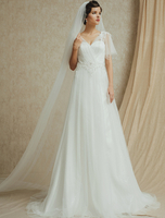 Brautkleider Vintage A-Linie- Elfenbeinfarbe V-Ausschnitt Spitze Kurzarm mit Court-Schleppe Hochzeit natürliche Taillenlinie und Schnürung