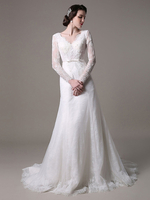 Brautkleider Vintage A-Linie- Elfenbeinfarbe V-Ausschnitt Tüll Langarm mit Kapelle-Schleppe Hochzeit natürliche Taillenlinie und Schnürung