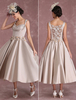 Brautkleider Vintage Prinzessin Champagner mit Carmenausschnitt Satingewebe ärmellos wadenlang Hochzeit natürliche Taillenlinie