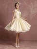 Brautkleider Vintage Prinzessin Elfenbeinfarbe V-Ausschnitt Satingewebe ärmellos knielang Hochzeit natürliche Taillenlinie mit Schulterfrei