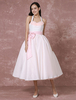Brautkleider Vintage Prom- Elfenbeinfarbe mit Halter Hochzeitskleid Vintage Satingewebe ärmellos wadenlang Hochzeit natürliche Taillenlinie