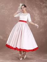 Brautkleider Vintage Satingewebe A-Linie- V-Ausschnitt Hochzeitskleid Vintage Elfenbeinfarbe wadenlang natürliche Taillenlinie 1/2 Ärmel