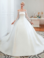 Brautkleider Vintage Satingewebe Prom- mit Carmenausschnitt Hochzeitskleid Vintage Weiß und Court-Schleppe natürliche Taillenlinie und Schnürung