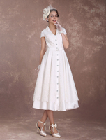 Brautkleider Vintage Spitze A-Linie- Designender Ausschnitt Hochzeitskleid Vintage Elfenbeinfarbe wadenlang natürliche Taillenlinie Kurzarm