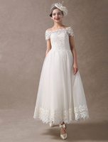 Brautkleider Vintage Tüll A-Linie- mit Bateau-Kragen Elfenbeinfarbe knöchellang natürliche Taillenlinie und Reißverschluss Kurzarm