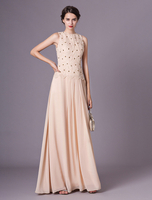 Brautmutterkleider A-Linie- Abendkleider für Hochzeit Champagner Abendkleider Chiffon Chiffon mit Rundkragen Hochzeit bodenlang ärmellos