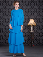 Brautmutterkleider A-Linie- Abendkleider für Hochzeit Chiffon Blau Langarm Hochzeit mit Rundkragen knöchellang und Reißverschluss stufig