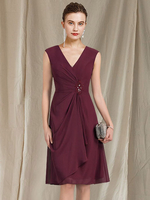 Brautmutterkleider A-Linie- Abendkleider für Hochzeit Chiffon Burgunderrot ärmellos V-Ausschnitt knielang knielang mit Reißverschluss