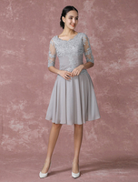 Brautmutterkleider A-Linie- Abendkleider für Hochzeit Chiffon Cocktailkleider Selber Hochzeit 1/2 Ärmel mit Rundkragen knielang und Reißverschluss