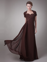 Brautmutterkleider A-Linie- Abendkleider für Hochzeit Chiffon Dunkelbraun Herz-Ausschnitt Hochzeit bodenlang mit Schnürung und Falten