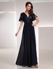 Brautmutterkleider A-Linie- Abendkleider für Hochzeit Chiffon Dunkelmarineblau Kurzarm Hochzeit V-Ausschnitt bodenlang mit Reißverschluss
