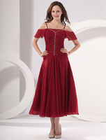 Brautmutterkleider A-Linie- Abendkleider für Hochzeit Chiffon Günstige Abendkleider Burgunderrot Hochzeit mit Carmenausschnitt knöchellang