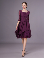 Brautmutterkleider A-Linie- Abendkleider für Hochzeit Chiffon Günstige Abendkleider Pflaume 1/2 Ärmel viereckiger Ausschnitt knielang