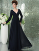 Brautmutterkleider A-Linie- Abendkleider für Hochzeit Chiffon Herbst & Winter Trend Dunkelmarineblau Langarm V-Ausschnitt bodenlang