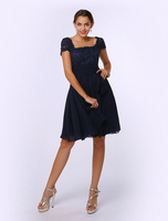 Brautmutterkleider A-Linie- Abendkleider für Hochzeit Chiffon Kleider für Hochzeitsgäste Dunkelmarineblau Kurzarm trägerlos knielang