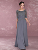 Brautmutterkleider A-Linie- Abendkleider für Hochzeit Chiffon Kleider für Hochzeitsgäste Grau 1/2 Ärmel mit Rundkragen bodenlang und Reißverschluss