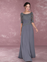 Brautmutterkleider A-Linie- Abendkleider für Hochzeit Chiffon Kleider für Hochzeitsgäste Grau 1/2 Ärmel mit Rundkragen bodenlang und Reißverschluss