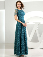 Brautmutterkleider A-Linie- Abendkleider für Hochzeit Dunkelgrün Kleider für Hochzeitsgäste Spitze mit Rundkragen Hochzeit bodenlang Kurzarm