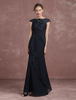 Brautmutterkleider A-Linie- Abendkleider für Hochzeit Dunkelmarineblau Abendkleider Chiffon mit Bateau-Kragen Hochzeit bodenlang Kurzarm