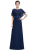 Brautmutterkleider A-Linie- Abendkleider für Hochzeit Dunkelmarineblau Abendkleider Chiffon mit Rundkragen Hochzeit bodenlang Kurzarm