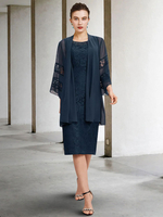 Brautmutterkleider A-Linie- Abendkleider für Hochzeit Dunkelmarineblau Chiffon mit Rundkragen Hochzeit knielang 3/4 Ärmel und Reißverschluss