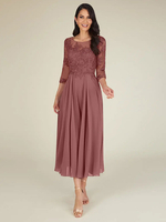 Brautmutterkleider A-Linie- Abendkleider für Hochzeit Dunkelmarineblau Chiffon und Rundkragen Hochzeit bodenlang 3/4 Ärmel und Reißverschluss